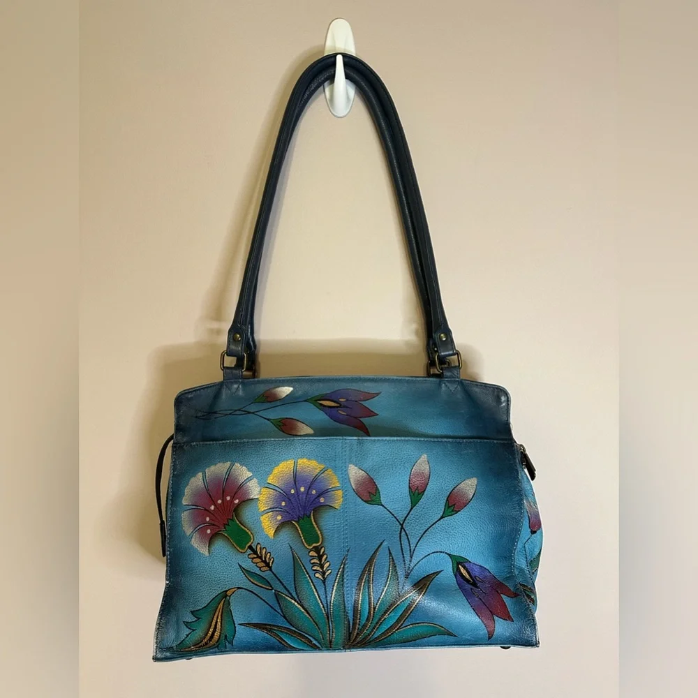 Anuschka Hand Painted Leather Teal Floral Tote Shoulder Handbag Purse - Picture 1 of 16
